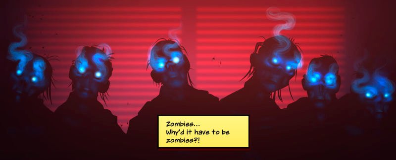 Six zombies stand in front of a window with red, neon light pouring through backlighting them. Blue light glows from their eye sockets shining on their faces slightly showing their decayed features. Flies buzz around them.