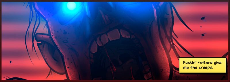 Close up a zombie with their mouth open. Blue eyes glow. Flies buzz around them. Blood strings from their teeth. The red, neon light from the outside pours around them.