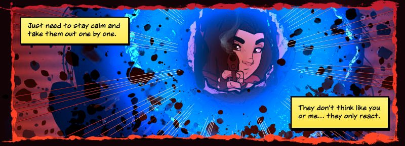 From the back of the zombie's head, a bullet has blown a hole through. Ran is standing on the other side of the zombie and shown within the newly formed bullet hole. Blue light explodes from within the zombie's bullet wound as brain matter and other gore travels outward.
