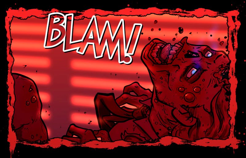 A zombie is shot in the forehead knocking it backwards. Its tongue limply falls over their teeth as the head rocks back at an unnatural angle from the impact.