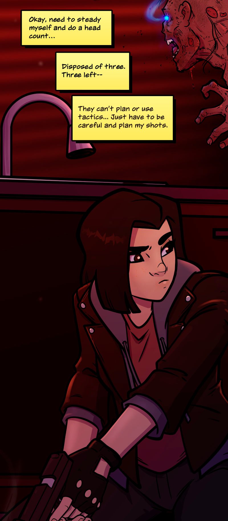 Ran crouches down behind the counter as a zombie reacts to the environment trying to find its prey. Ran has both hands on her gun as she steadies herself. Her inner monologue plays through her mind. 
