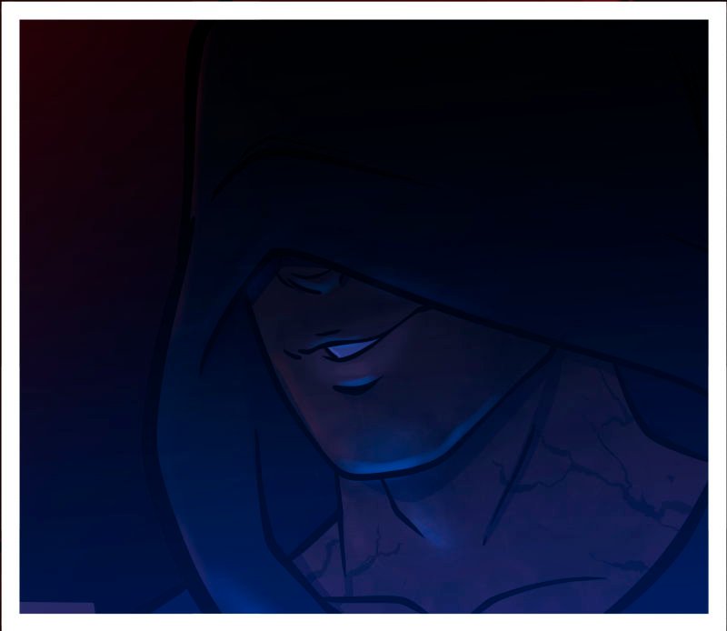 The necromancer stands in a hooded robe, smiling. His eyes are covered by the hood. The blue glow lights his face from below.