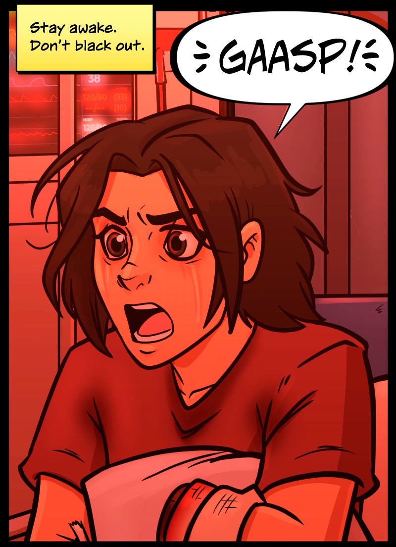 Inside the red-lit ambulance, Ran abruptly jolts awake with a panicked gasp. Her eyes are wide, and she's breathing hard, sweat and stress visible on her face. She's clutching a blanket over her heavily bandaged left arm, which ends in a stump just below the elbow. A medical monitor glows faintly in the background.