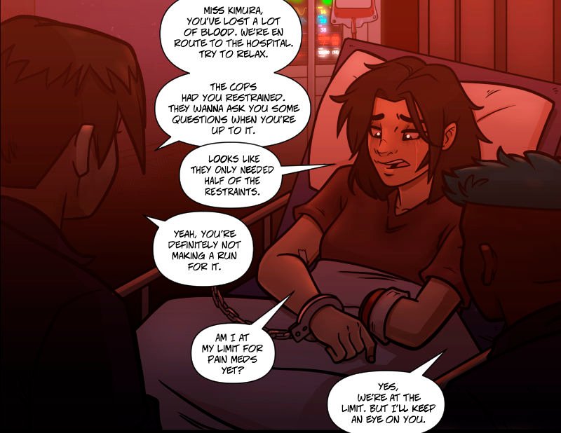 Inside the red-lit ambulance, Ran lies on a stretcher, awake but clearly weak. Her left arm ends in a bandaged stump, and her right wrist is cuffed to the stretcher rail. Two EMTs sit nearby, their faces partially obscured in shadow. Despite her condition, Ran has a faint, sardonic smile as she looks at one of them. Medical monitors glow softly in the background.
