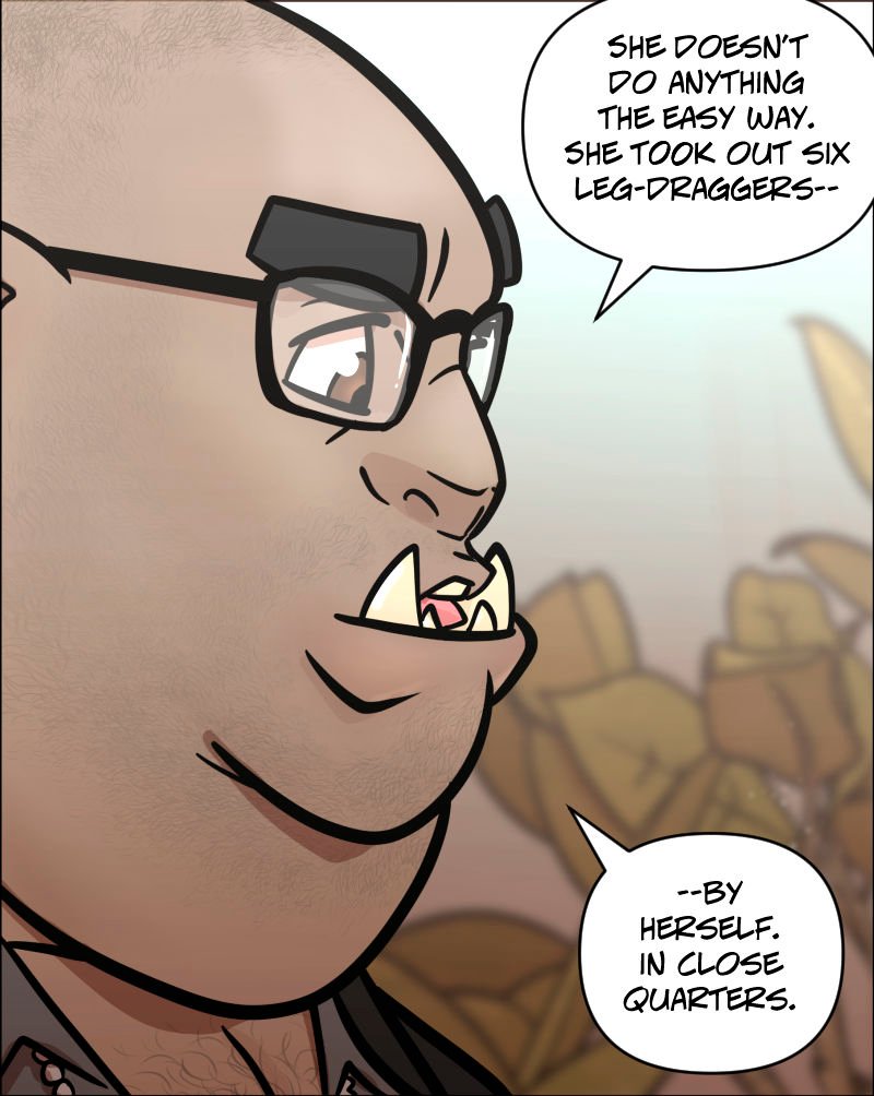 Close-up of Detective â€˜Zug, a large half-orc man with tusks, stubble, and glasses, speaking seriously. Heâ€™s wearing a dark suit, and behind him, hospital decor and blurred potted plants are visible. His expression is focused as he describes a dangerous encounter.