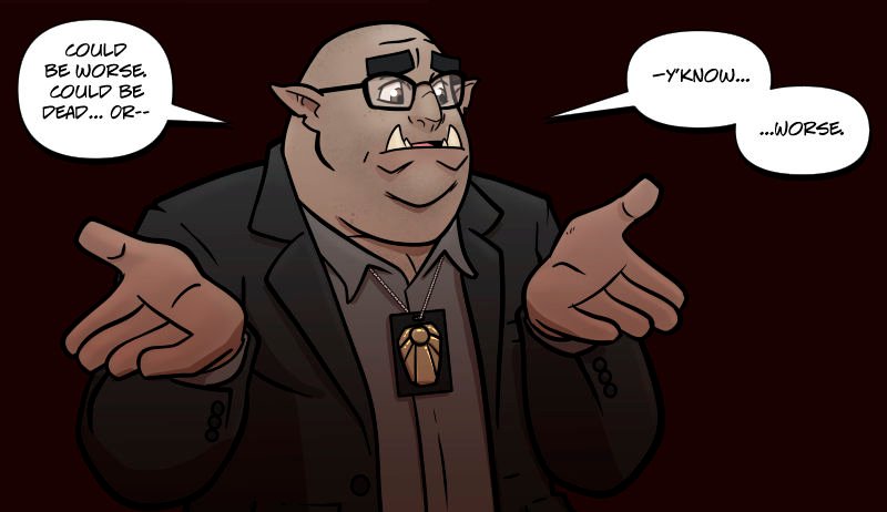 Detective â€˜Zug, a large half-orc man with glasses and tusks, stands against a dark background with both hands raised in an exaggerated shrug. He wears a dark suit and a badge on a chain around his neck. His expression is awkwardly optimistic as he tries to put a positive spin on a grim situation.