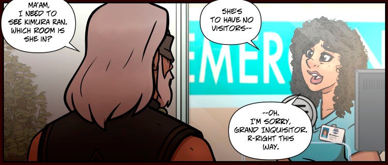 At a hospital reception desk, Naokiâ€“ a tall figure with long, white hair and a sleeveless coatâ€“ speaks to a curly-haired nurse in scrubs. At first, the nurse tries to deny his request, explaining there are no visitors allowed. Her demeanor changes quickly when she realizes he is the Grand Inquisitor, and she nervously agrees to help. The word "EMERGENCY" is partially visible on the wall behind them.