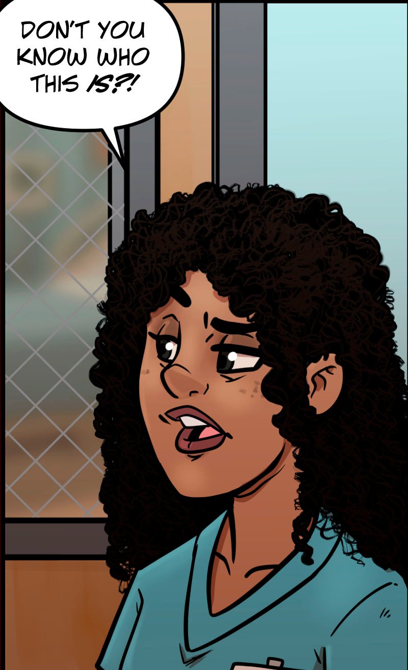 The same nurse from earlier stands in the hospital hallway, looking incredulous as she defends Naoki. She gestures toward someone off-panel, her tone urgent and frustrated. A wired-glass window is behind her.