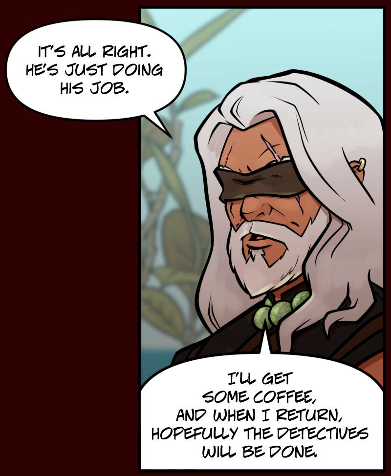 Naoki, a calm older man with long white hair and a leather blindfold, speaks with quiet understanding. He wears a dark robe and a jade beaded necklace. In the background, hospital decor and large potted plants are softly visible as he prepares to leave to get coffee.
