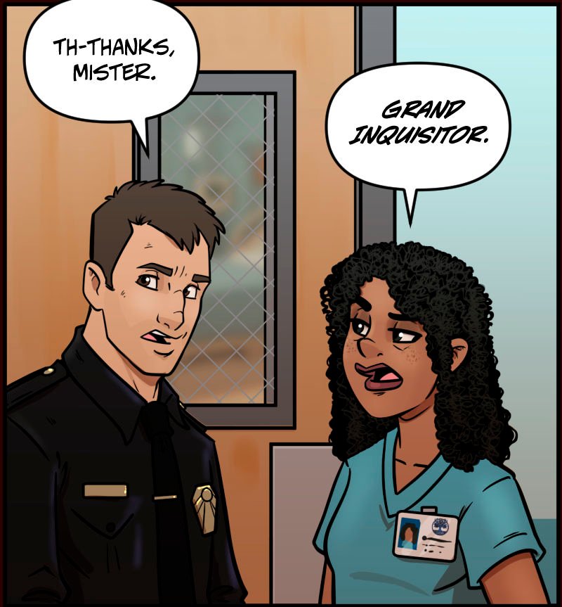 A uniformed officer stands awkwardly beside the curly-haired nurse outside a hospital room. The officer looks flustered and uncertain, while the nurse corrects him with a pointed expression. A door with a wired-glass window is behind them.