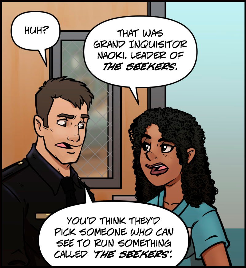 The uniformed officer and the curly-haired nurse continue talking in the hospital hallway. The officer looks puzzled, then makes a sarcastic remark. The nurse responds with a matter-of-fact expression. A wired-glass door is visible behind them.