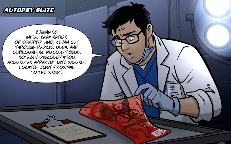 In a dimly lit autopsy suite, a medical examiner in a white lab coat and gloves examines Kimura Ranâ€™s severed arm, which is sealed in a blood-smeared biohazard bag. He wears glasses and a face mask pulled under his chin. A clipboard rests on the table, and bright surgical lights glow in the background.