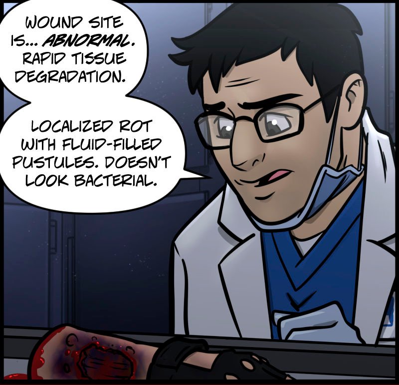In the autopsy suite, the medical examiner closely inspects Ranâ€™s severed arm, now unbagged and resting on the table. The wound site is visibly infected, with rapid tissue decay and dark, swollen pustules. The examiner frowns with concern, noting the abnormal condition. He wears a white lab coat, blue scrubs, and has his face mask pulled below his mouth.
