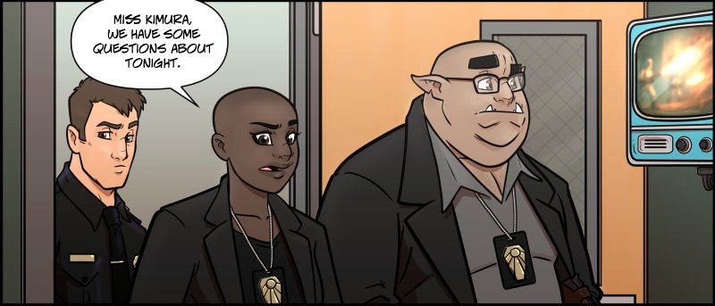 Detectives A’isha and ‘Zug enter a hospital room with a uniformed officer behind them. A’isha speaks as she steps in, and ‘Zug follows with a calm demeanor. Both wear badges around their necks. In the background, a CRT television broadcasts a news report showing men in flame-retardant suits burning away tendrils of the Blight. A wired-glass door marks the room as part of the hospital.