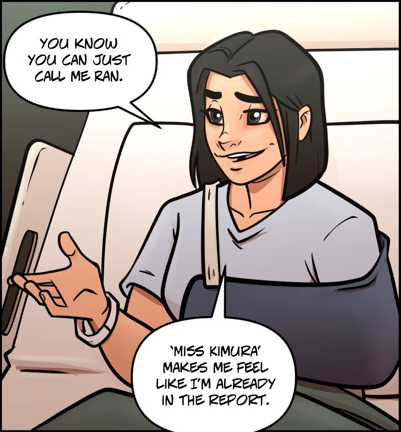 Ran sits up in a hospital bed, smiling with a relaxed and slightly sarcastic expression. Her left arm is in a sling, and a medical wristband is visible on her right wrist. She gestures casually while speaking, making light of being formally addressed.