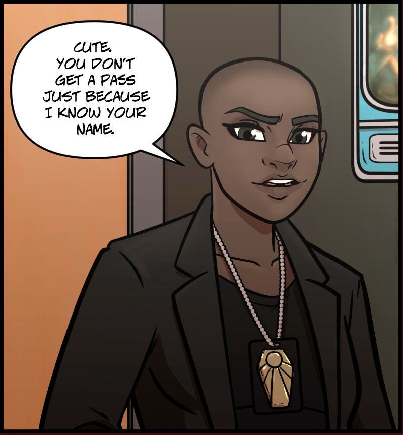 Detective A’isha stands in Ran’s hospital room, addressing her with a firm, unimpressed expression. She wears a dark blazer and a badge on a chain around her neck. Part of a CRT television showing a Blight cleanup broadcast is visible in the background.