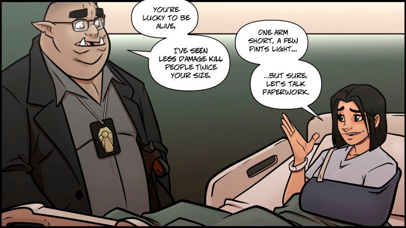 Detective ‘Zug stands beside Ran’s hospital bed, speaking seriously. Ran, sitting up with her left arm in a sling, responds with a dry, sarcastic smile and a raised hand. Despite her injuries, she appears composed. Both maintain a conversational but contrasting tone– ‘Zug’s somber, Ran’s sardonic.