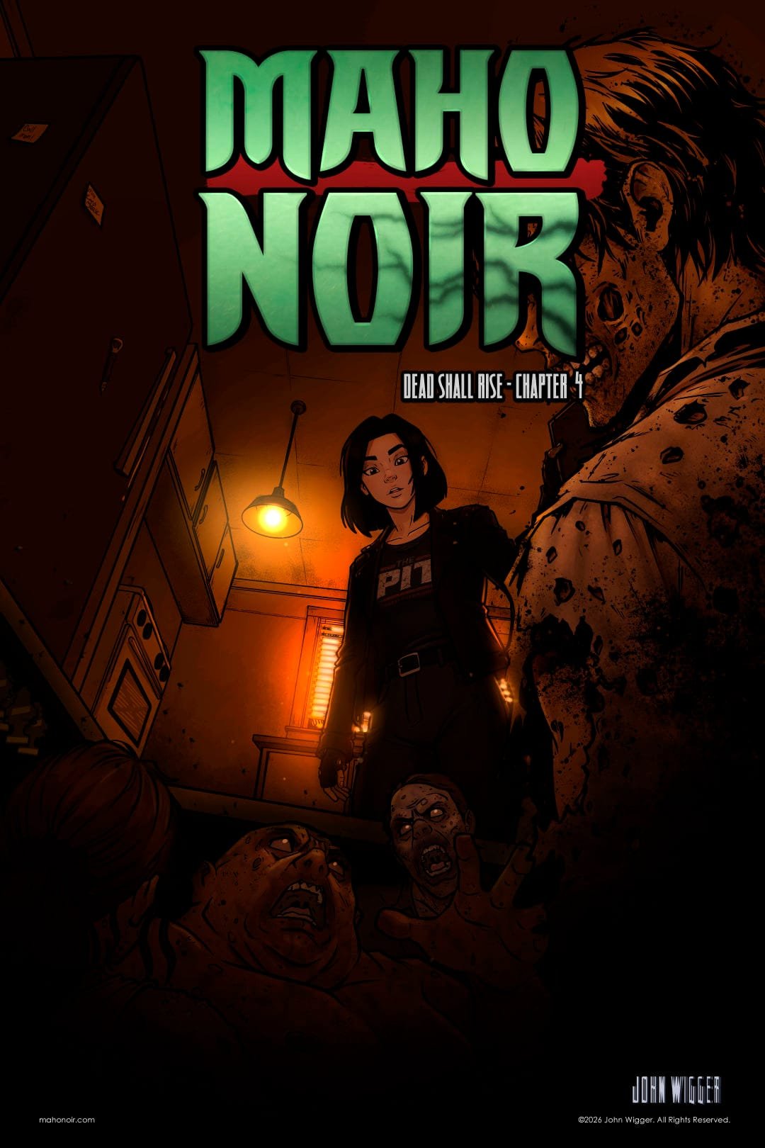 Cover image for Maho Noir: Dead Shall Rise – Chapter 4 featuring Kimura Ran surrounded by zombies inside a dim apartment building. The supernatural noir webcomic cover shows Ran standing over undead attackers after surviving a deadly outbreak tied to monsters and dark magic.